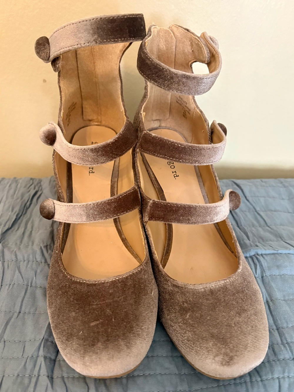 Velvet Strappy Mary Jane Heels — Taupe Brown